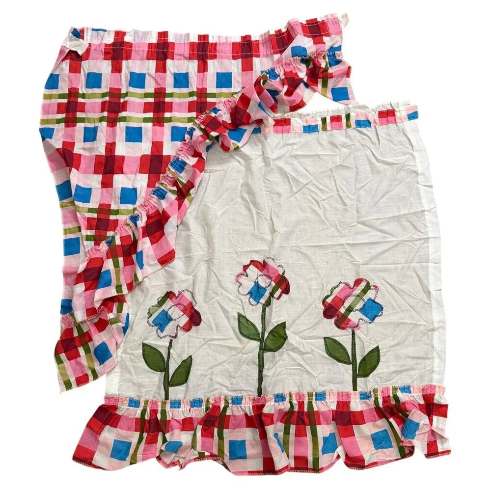 Vintage Red Checkered Floral 1/2 Window Valance/Panel, Apron, Fabric Ruffled Hem